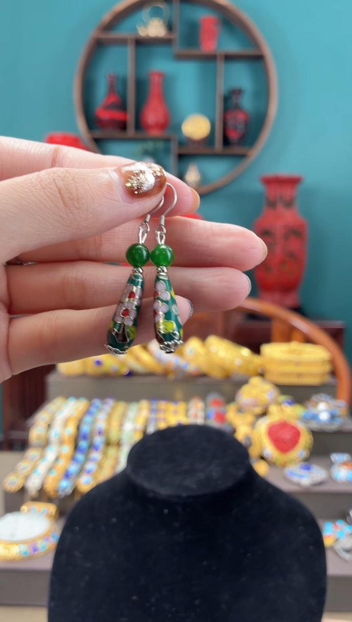 非遗手工景泰蓝耳环水滴绿色