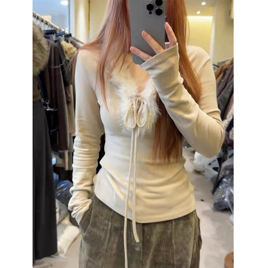 韩系毛毛领系带针织衫秋冬新款修身显瘦打底衫设计感上衣D1042