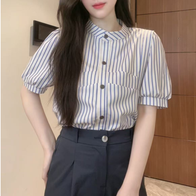2025年夏季新款条纹立领短袖衬衫女时尚洋气衬衣外套短款气质上衣