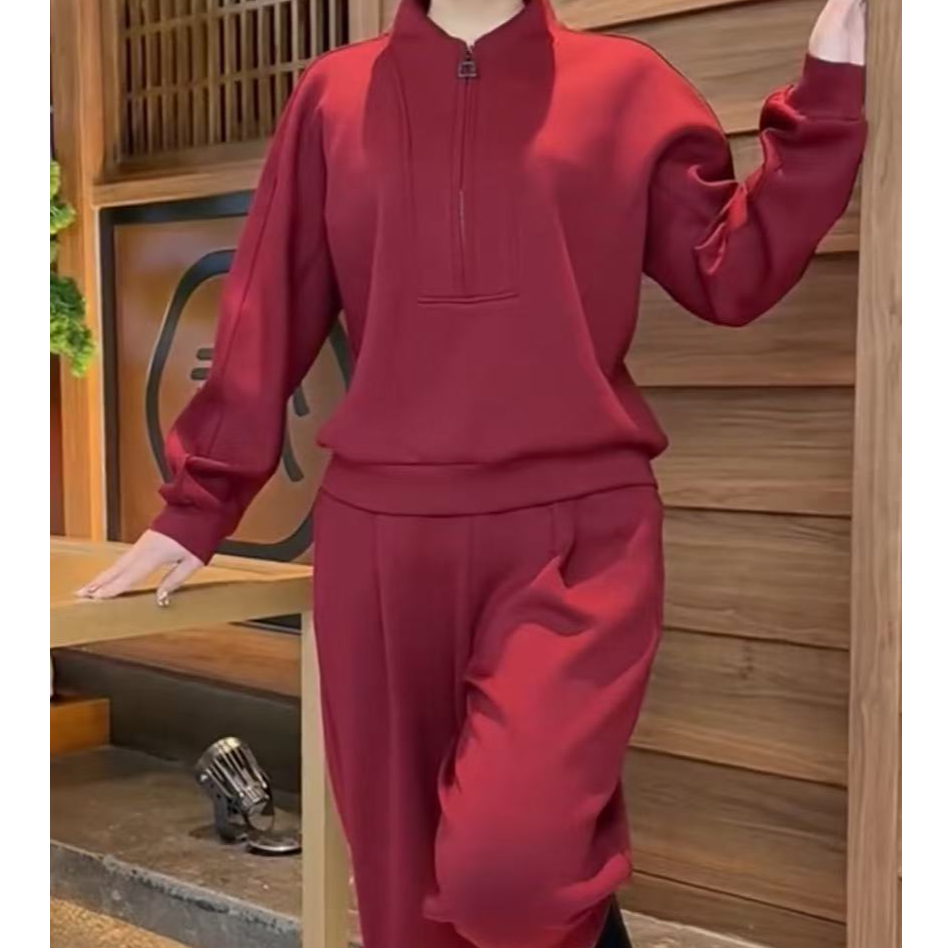 2025春季新款休闲宽松显瘦净版半拉链休闲上衣+裤子两件套