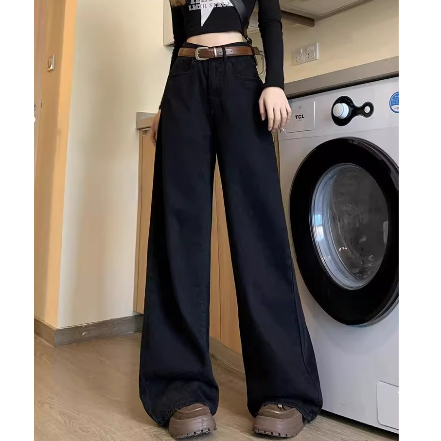 黑色阔腿牛仔裤女2025春季新款宽松高腰直筒百搭显瘦垂感拖地裤子
