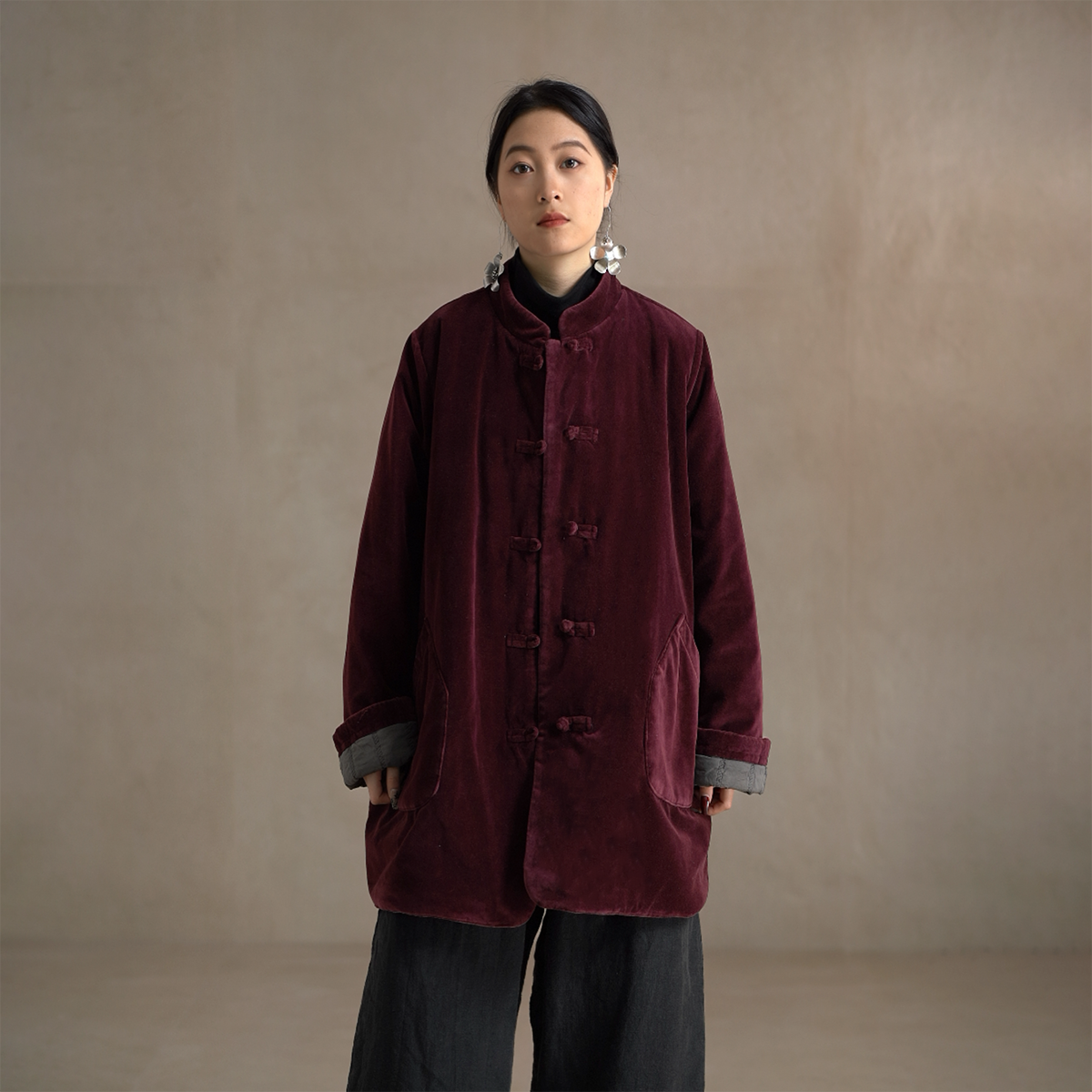【以之】设计师原创新中式立领盘扣外套宽松复古丝绒棉花里衬棉服