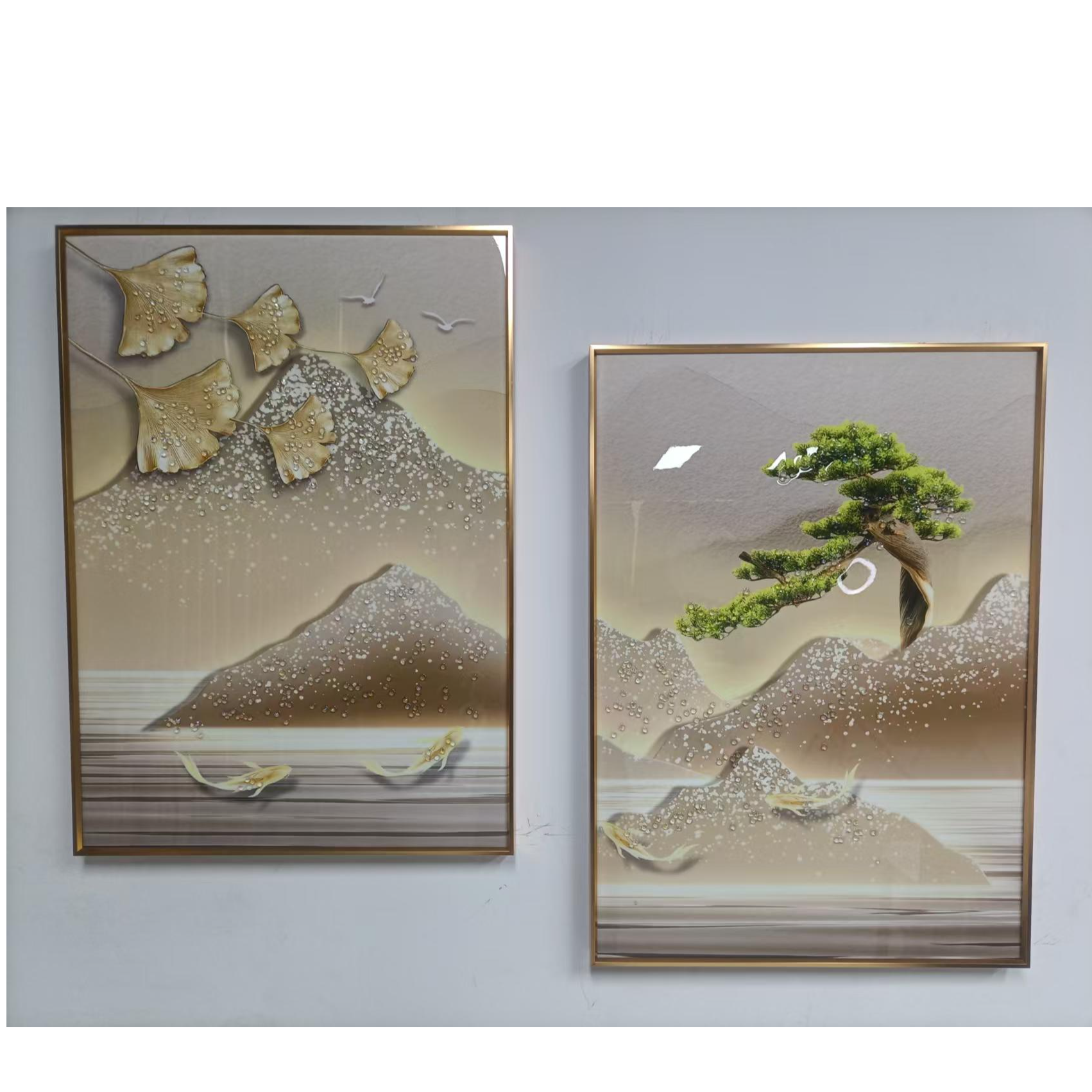 晶瓷镶钻简约大气轻奢客厅两联晶瓷画百搭沙发背景墙壁画树5070