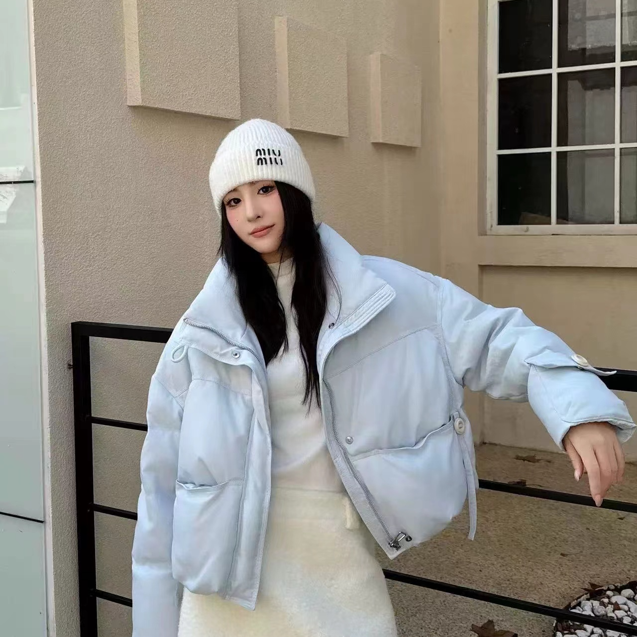 翻领保暖短款立领女装时尚奶蓝短款