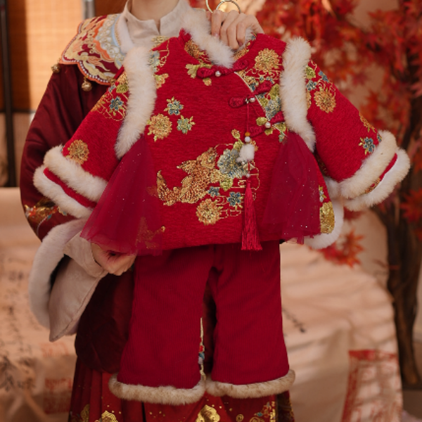 女童汉服冬装拜年服套装儿童加厚喜庆唐装两件套女孩加绒周岁礼服