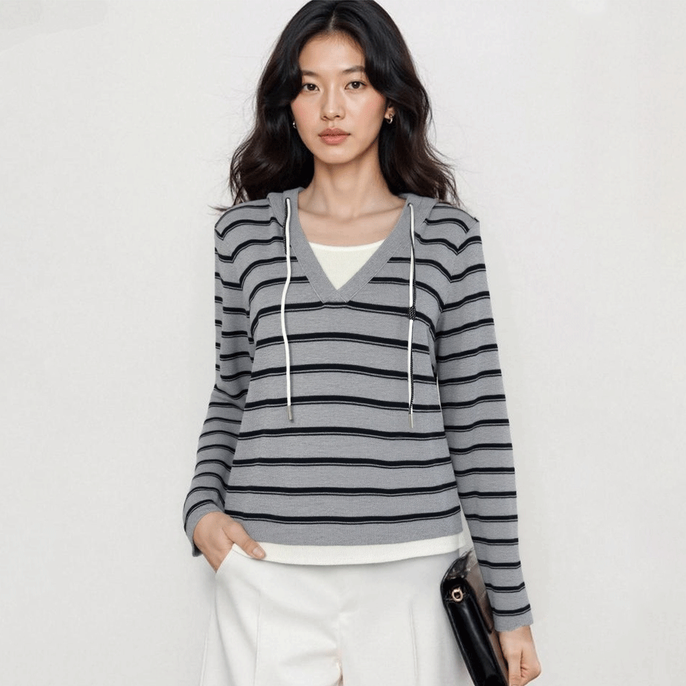MaxMLmL【条纹韵律】时尚休闲连帽百搭假两件针织上衣M353218