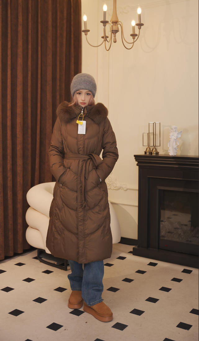 黑色中长款白鸭绒收腰女冬季新款宽松加厚外套YMD-16882