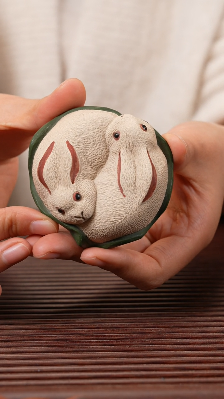 【闪购商品】紫砂茶宠荷叶双兔