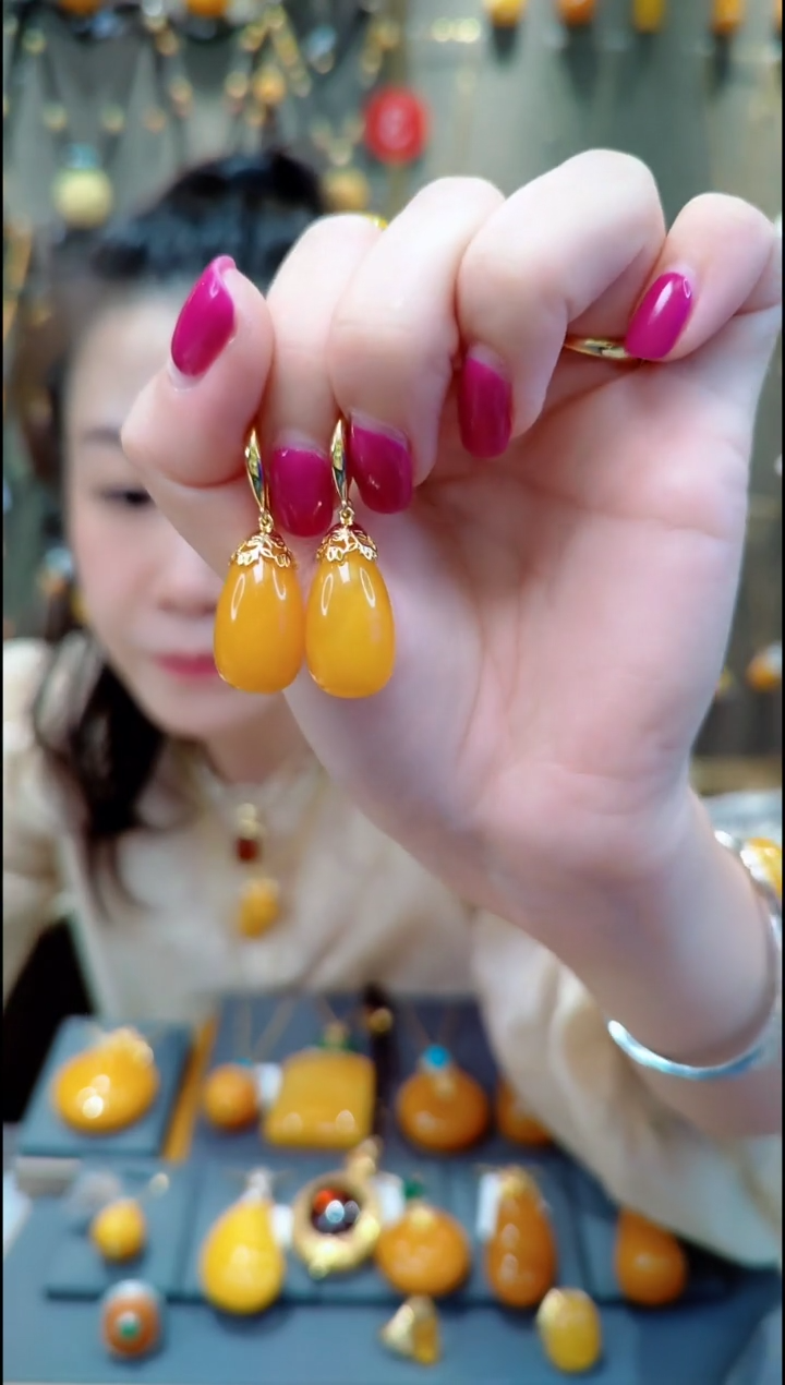 银S925镀金镶嵌蜜蜡耳饰﹣C077蜜蜡耳坠