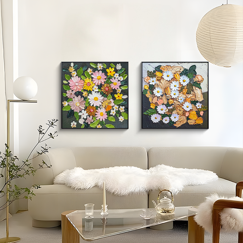 多彩花卉北欧复古手工肌理油画餐厅风景客厅卧室两联装饰画482