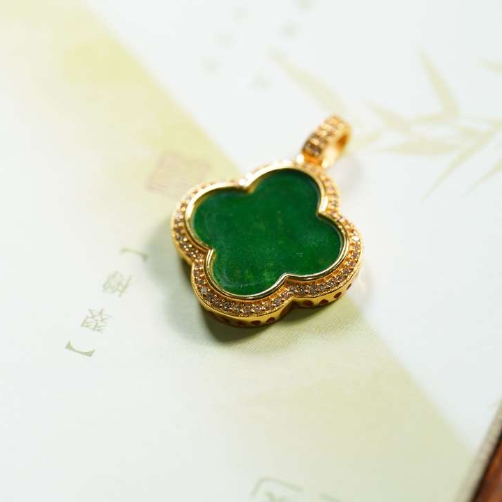 【百年一玉】新中式天然缅甸A货翡翠S925银镀金吊坠-0248