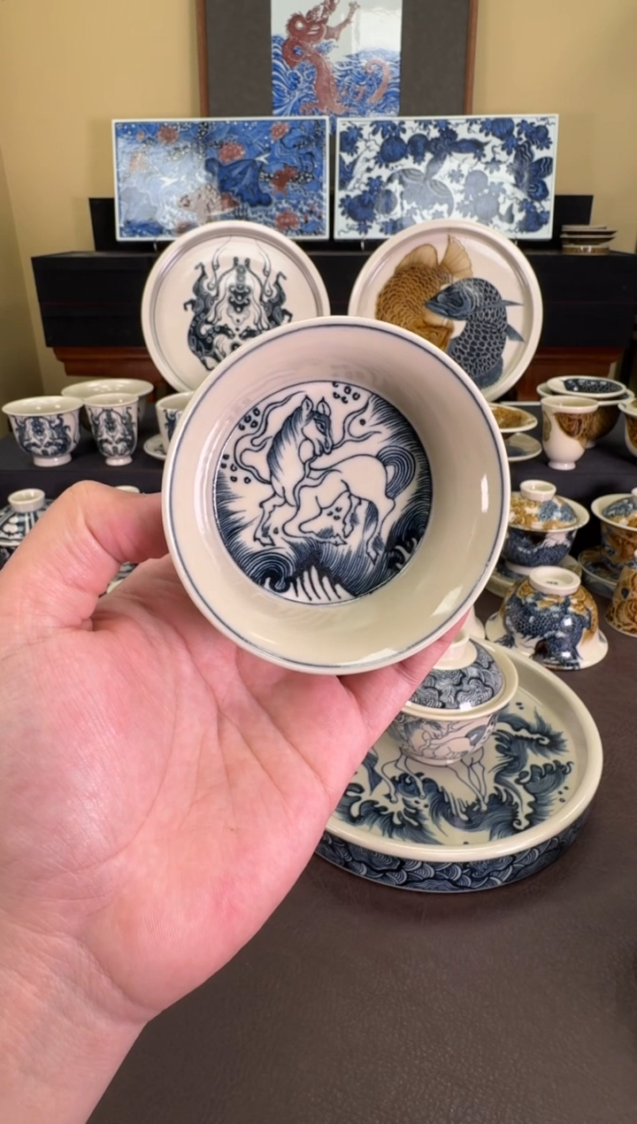 【闪购商品】瓷片二号釉天马纹金鳞盏