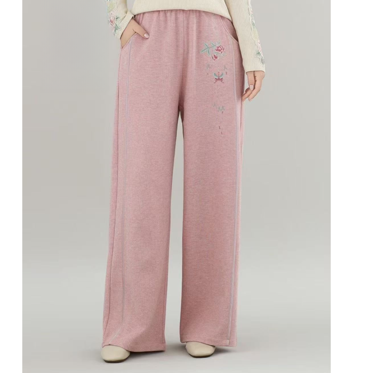 民族风中式口袋刺绣百搭直筒裤子3330