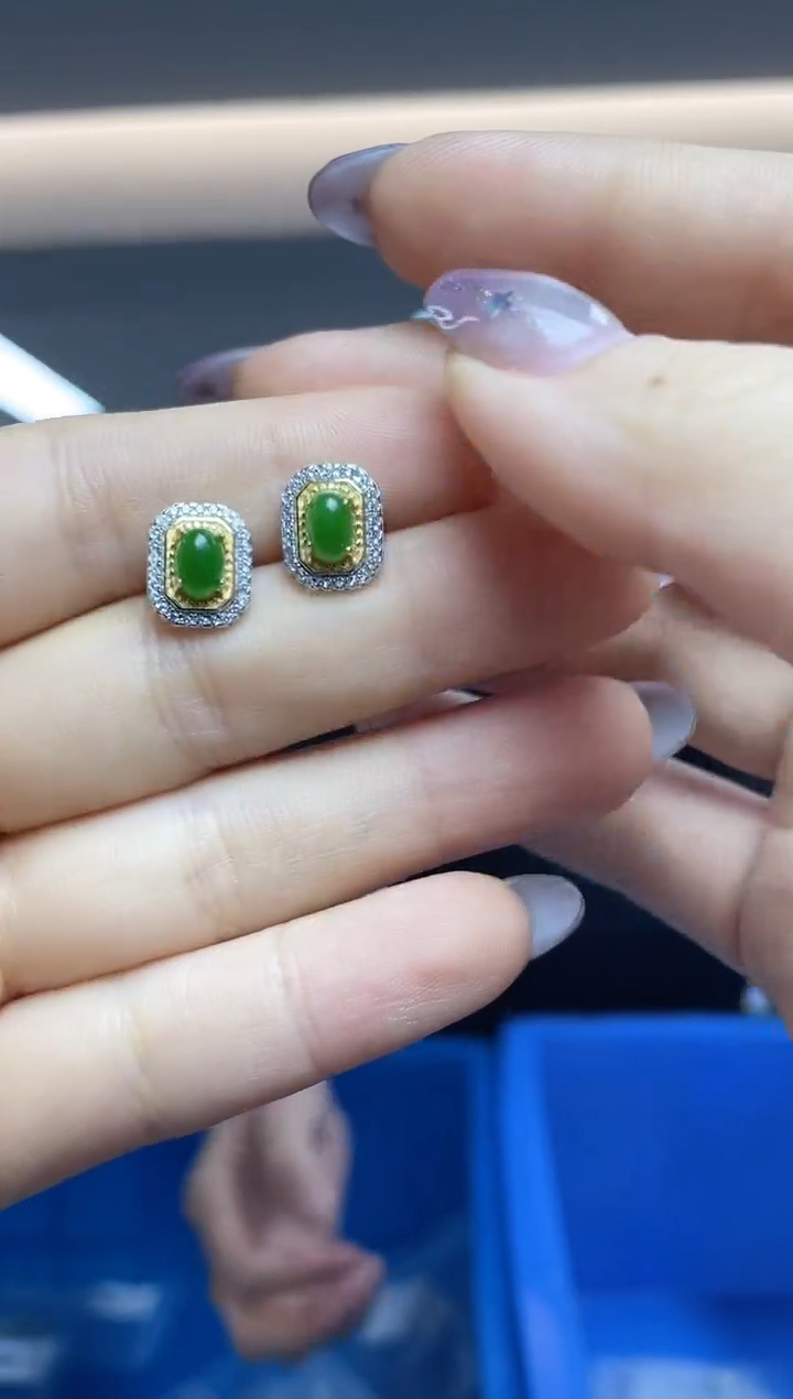 和田玉银S925镶嵌耳饰（多样性发一件）