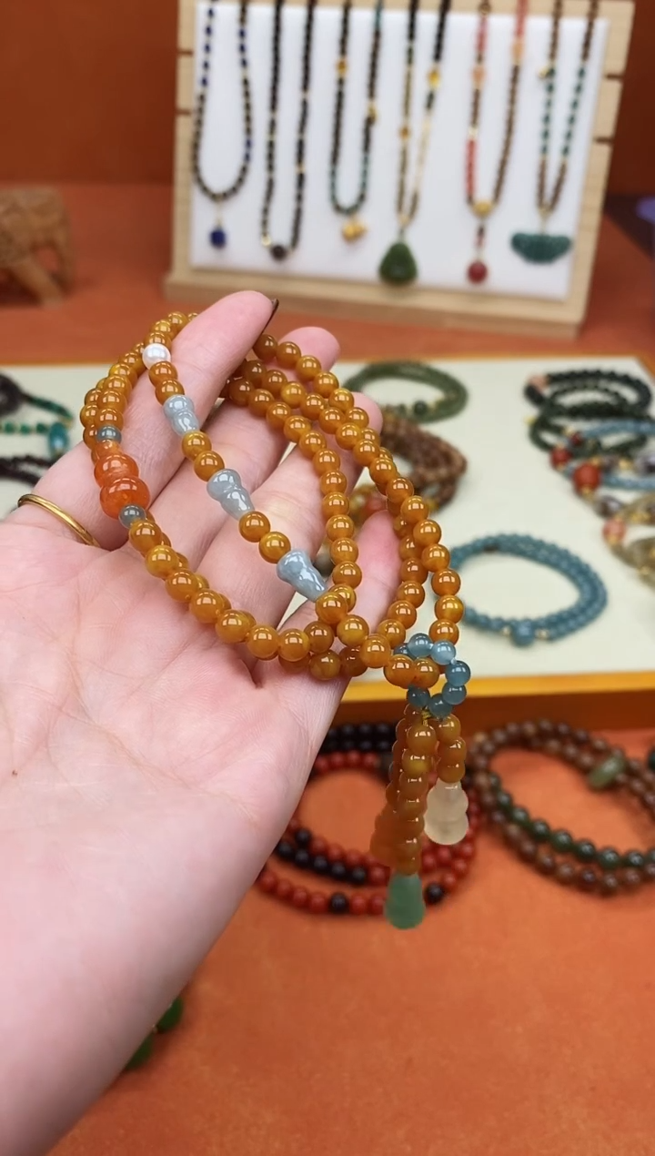 手链蜜蜡未镶嵌多圈蜜蜡蓝水葫芦手链项链