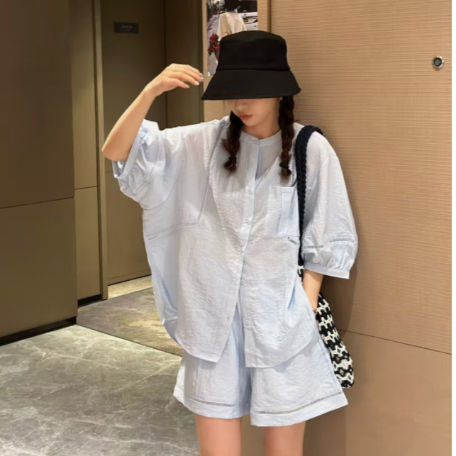 圆领拼接镂空灯笼袖衬衫+松紧腰短裤两件套2025夏新宽松显瘦套装