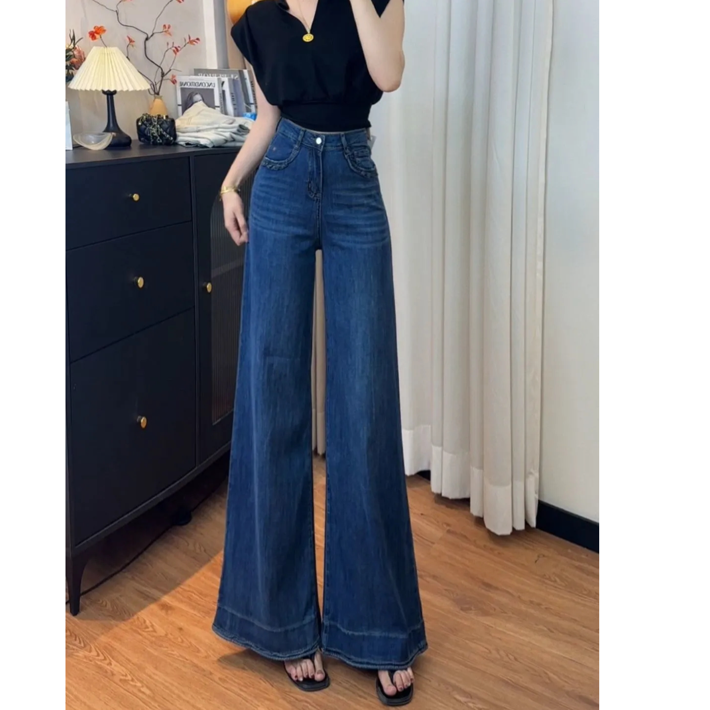 今年超火设计款原创实拍深蓝阔腿牛仔裤女2025秋宽松高腰显瘦A版