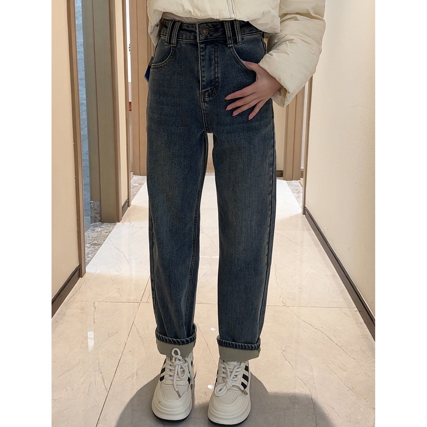 【植绒款】6101加绒加厚牛仔裤女秋冬老爹裤小个子显高显瘦哈伦裤