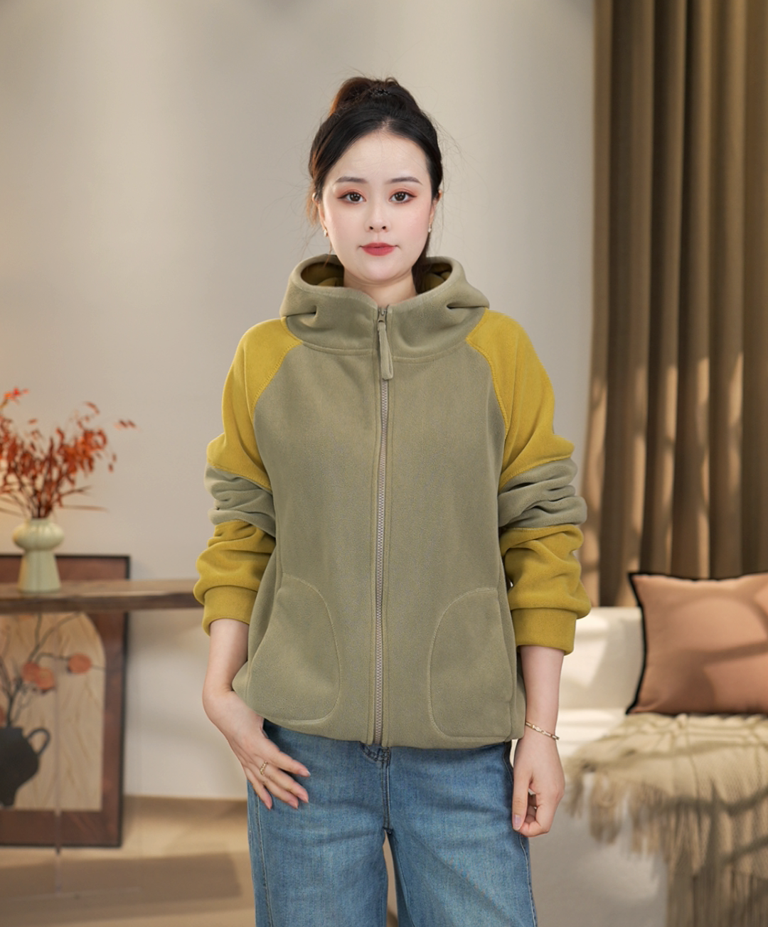 【沐沐】冬季新款外套时尚休闲百搭双面澳粒绒加绒加厚连帽拼色外套