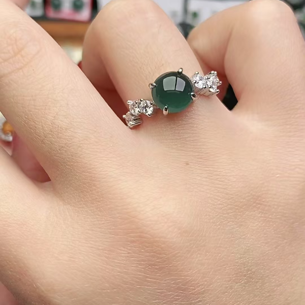鑫辰珠宝天然A货翡翠银镶嵌设计款开口女戒指时尚百搭