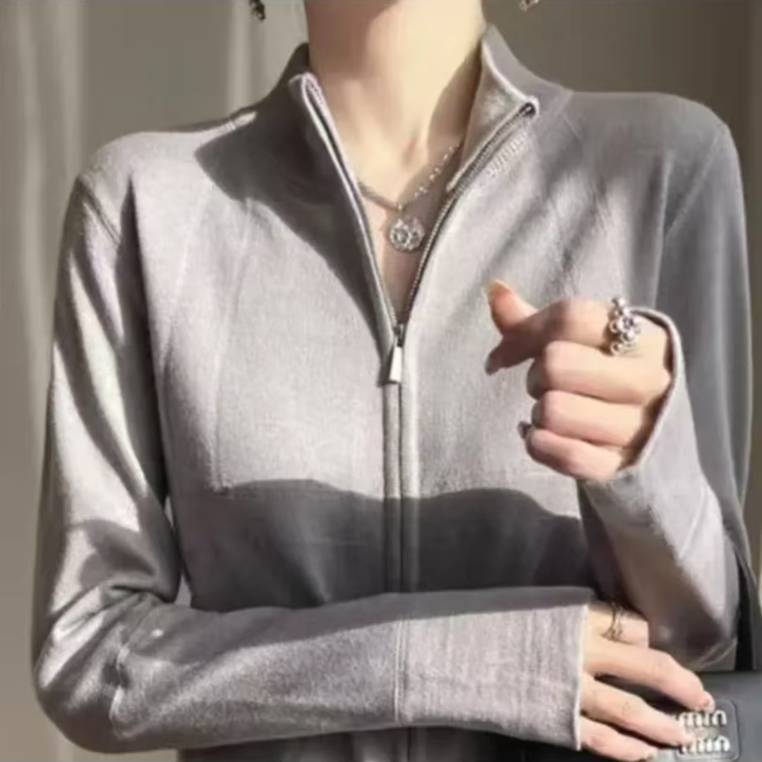 【现货】2025新款时尚洋气显瘦拉链德绒开衫上衣长袖打底休闲灰色