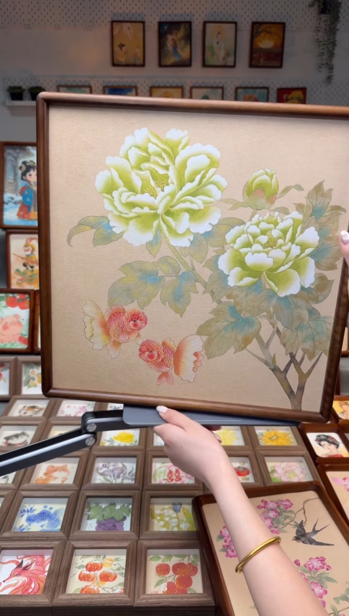 国画金鱼牡丹 手绘国画框子瑕疵38