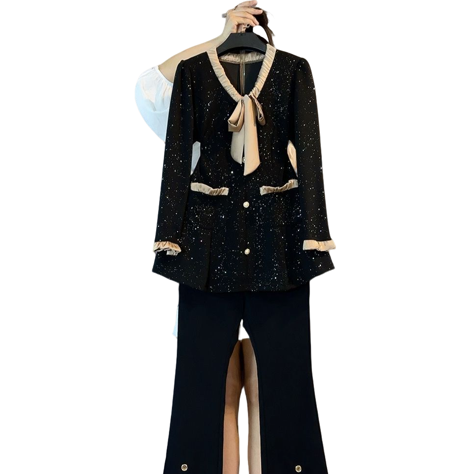 大维罗依欧货领结小香风气质小香风上衣开叉扣裤套装