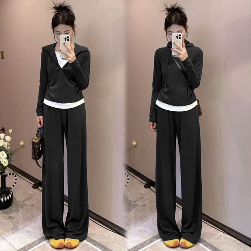 【现货+运费险】时尚休闲套装秋新款显瘦假两件连帽卫衣裤子两件套