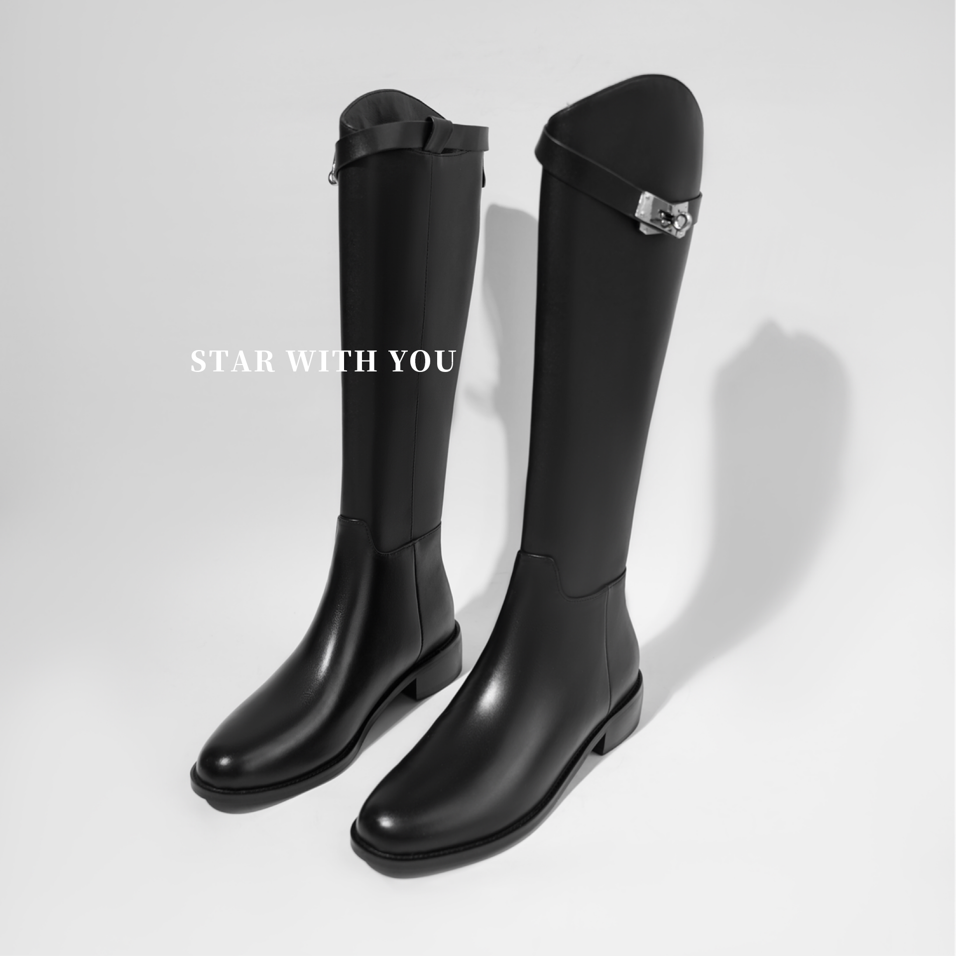 【STAR】秋冬长筒头层牛皮经典凯莉扣百搭款显瘦骑士靴/跟高3.5cm