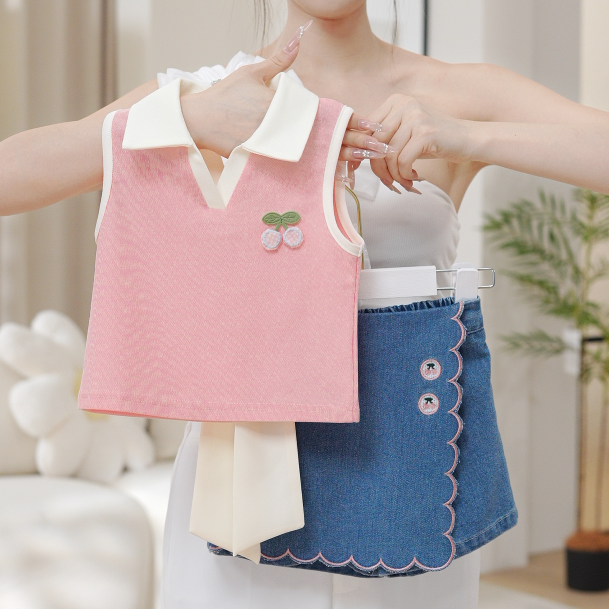 2025夏季新款无袖女童洋气蝴蝶结POLO领学院风牛仔裙套装S17454