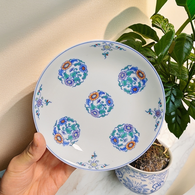 手工青花斗彩团菊壶承陶瓷缠枝白瓷圆形茶具配件紫砂壶盖碗适用