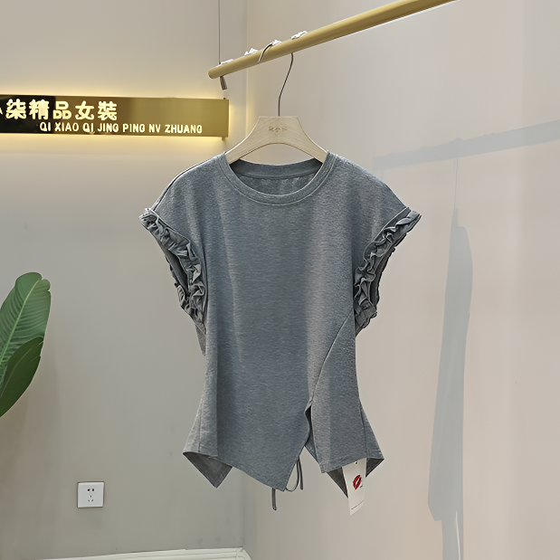 时尚潮流设计感花边拼接袖圆领T恤女2025夏后腰绑带露腰显瘦短袖