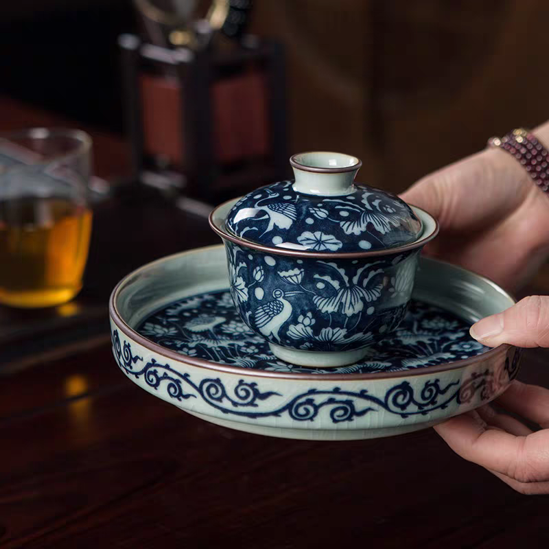 景德镇手工制作釉下彩青花瓷一鹭莲科高端陶瓷茶具三才盖碗