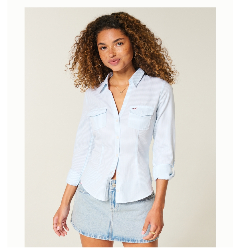 Hollister小海鸥图案经典款辣妹修身显腰V领衬衫女装340-5533