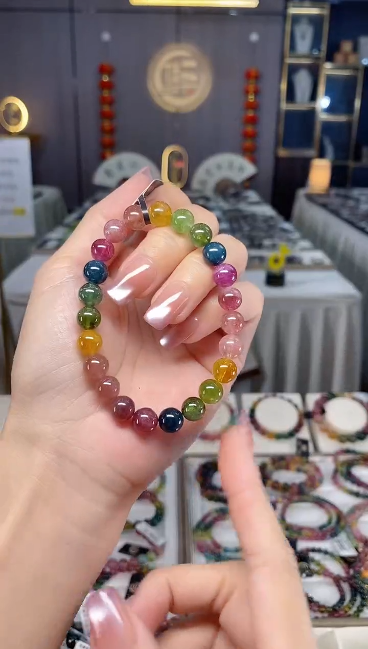 未镶嵌冰透体老矿碧玺彩虹单圈手串8mm+碧玺多样性发货一条hon