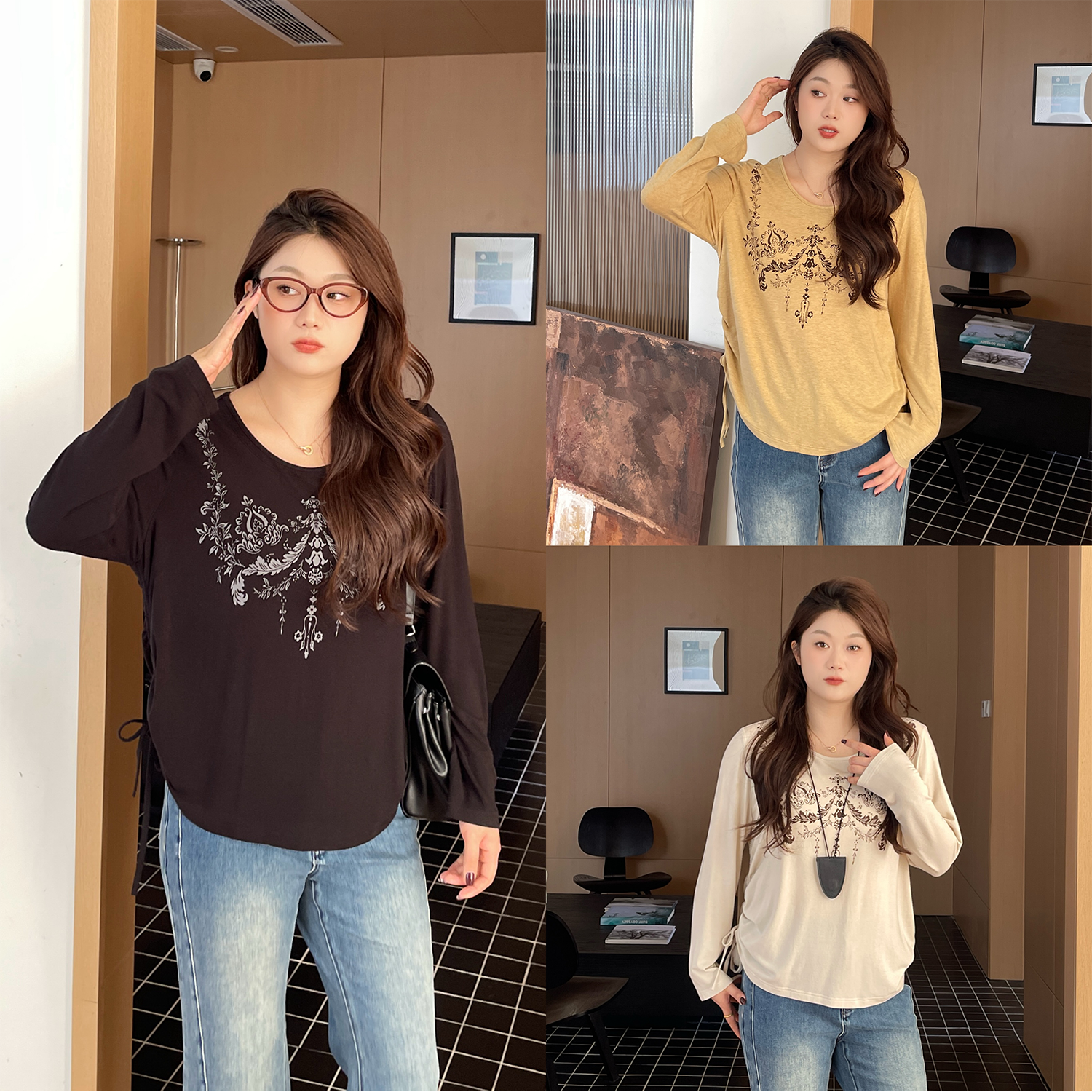 裂渡宣宣【抽褶艺术】微胖大码女秋百搭显瘦ins抽绳印花T恤ZY508A27