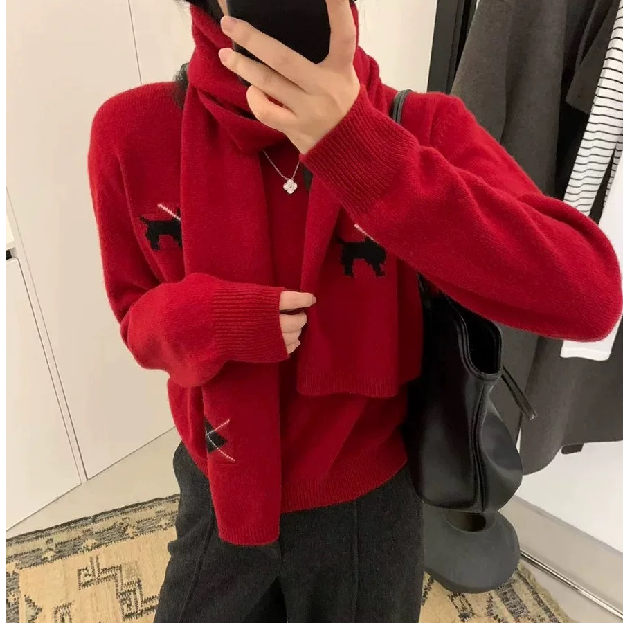 【女人家】825768卡通提花带围巾羊毛针织衫高级老钱风洋气毛衣