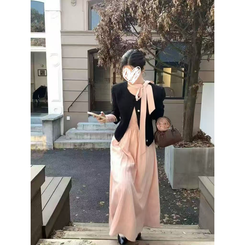 显瘦秋季法式时尚套装套头款高腰圆领小众裙子韩版连衣裙