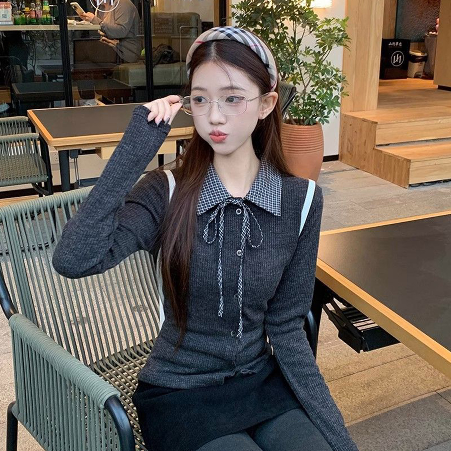 {现货24H+运补2-4}miu系打底上衣设计感格子拼接polo领长袖T恤女