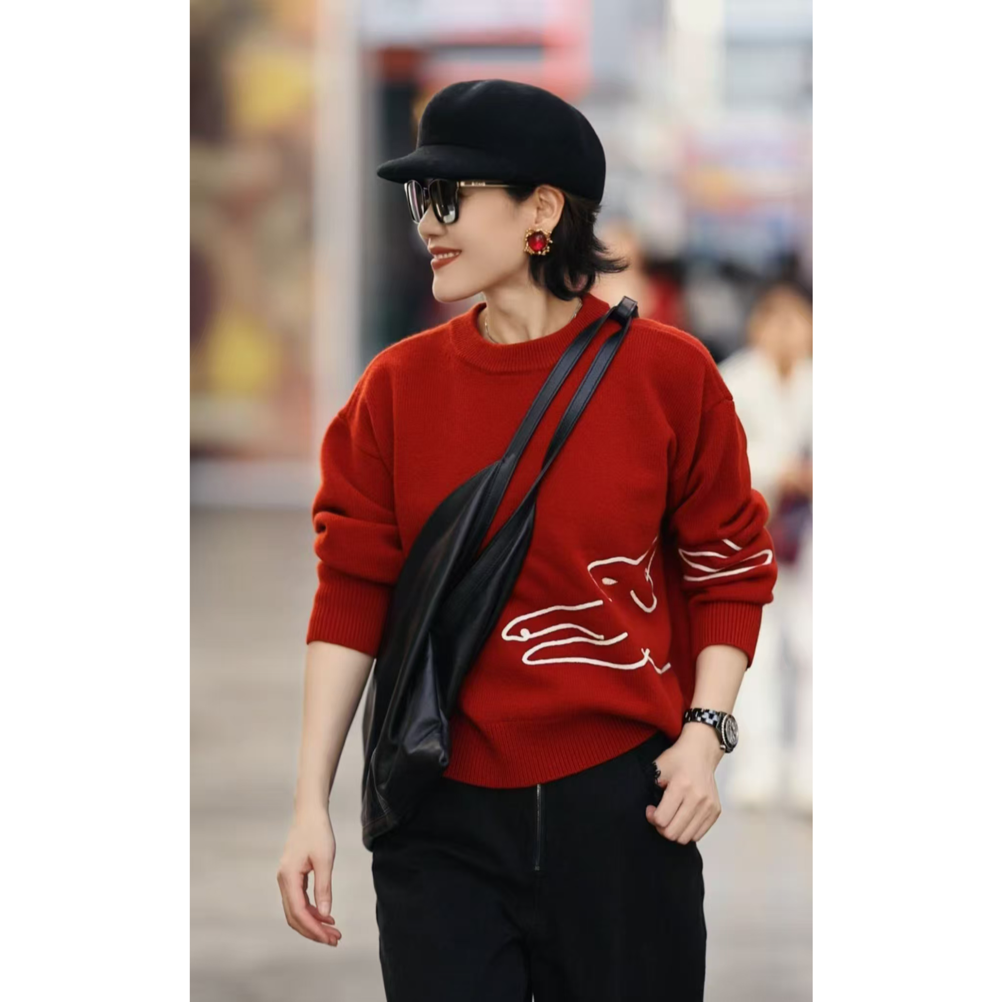 VCOS羊绒羊毛小兔绣花暖柔套头针织毛衫