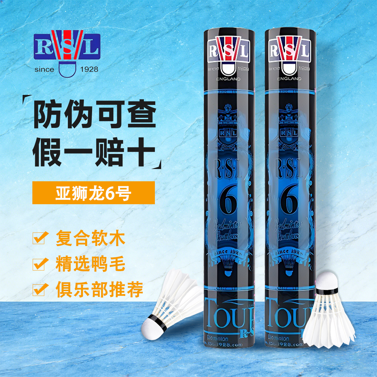 RSL/亚狮龙6号羽毛球RSL6亚6鸭毛12只装稳定飞行耐打专业比赛训练
