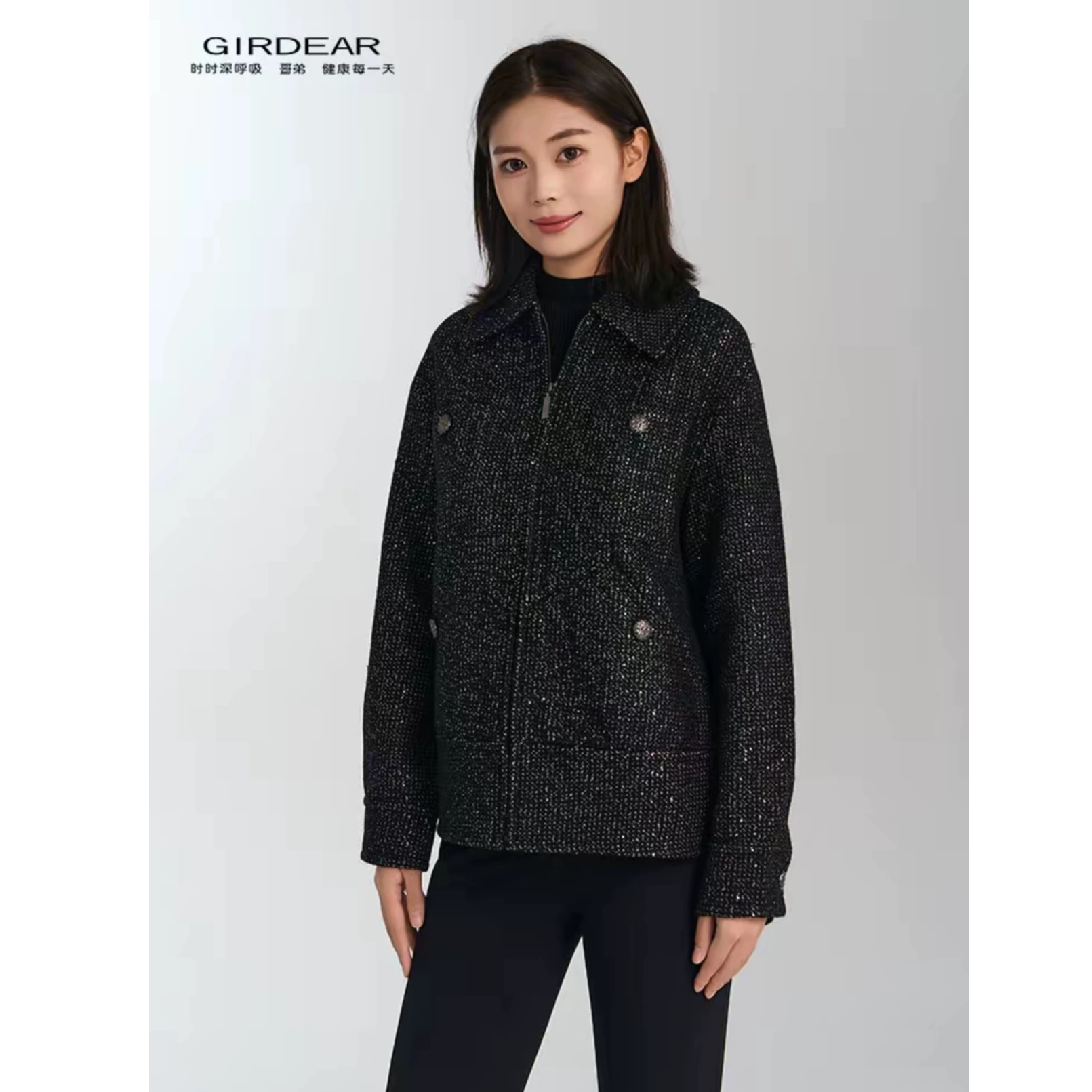 GIRDEAR/哥弟精美闪烁葱纱宽松厚款羊毛夹克外套140089