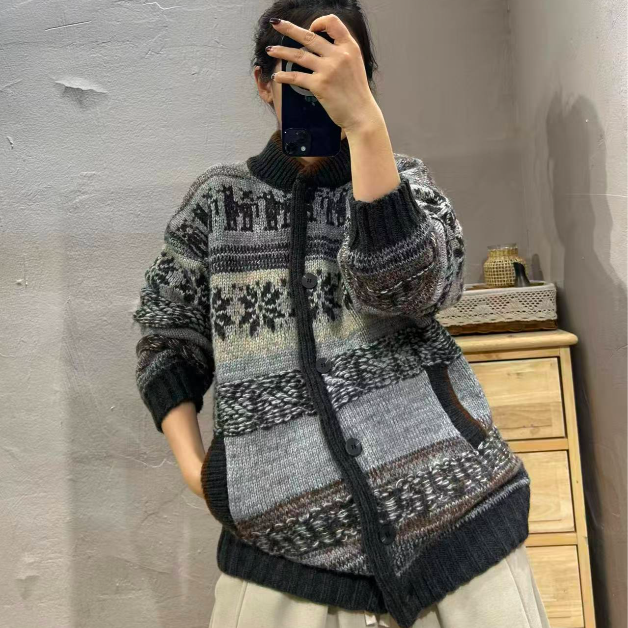 【半奏】冬季新款美式复古费尔岛针织厚款系扣开衫女 胸围122衣长72