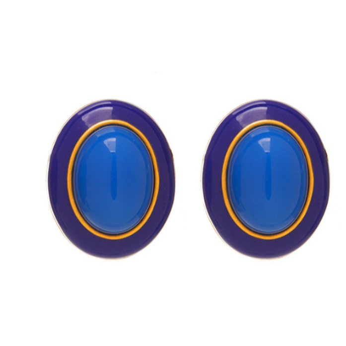 铜合金耳饰 宝蓝色耳钉复古珐琅椭圆金属简约经典耳钉