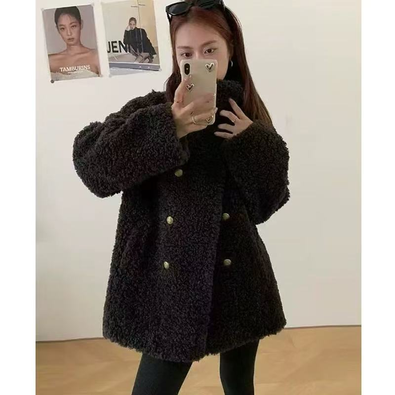 时尚冬季保暖双排扣手长款外套加厚上衣中长款女-31135