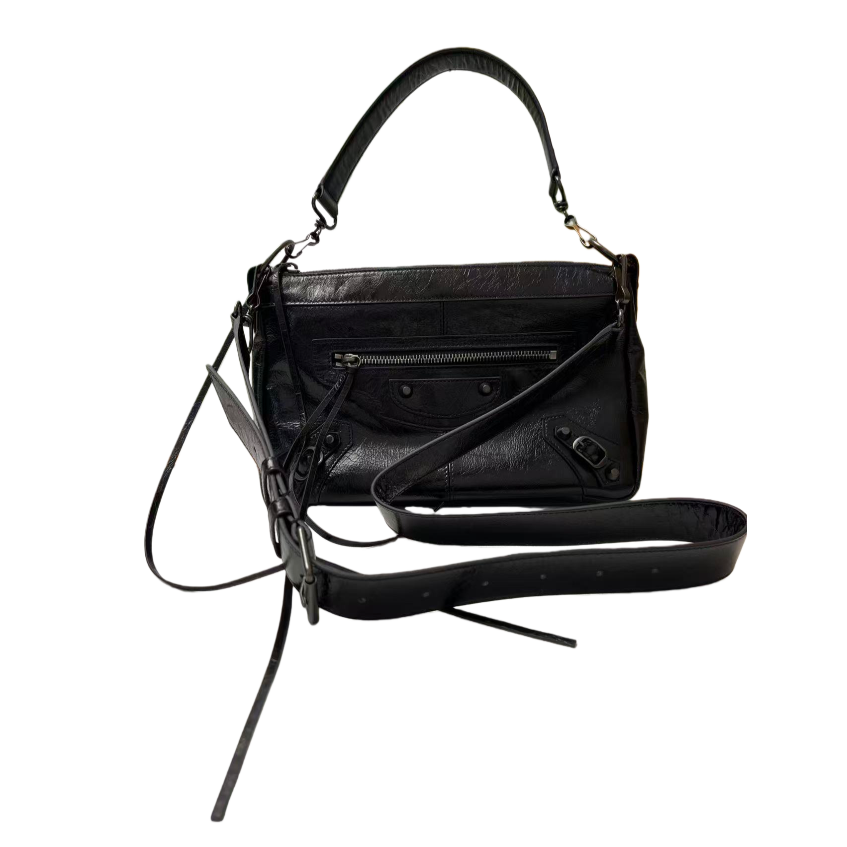 25年新款机车包通勤手提包铆钉斜跨横式腋下包羊皮油蜡皮黑色时尚