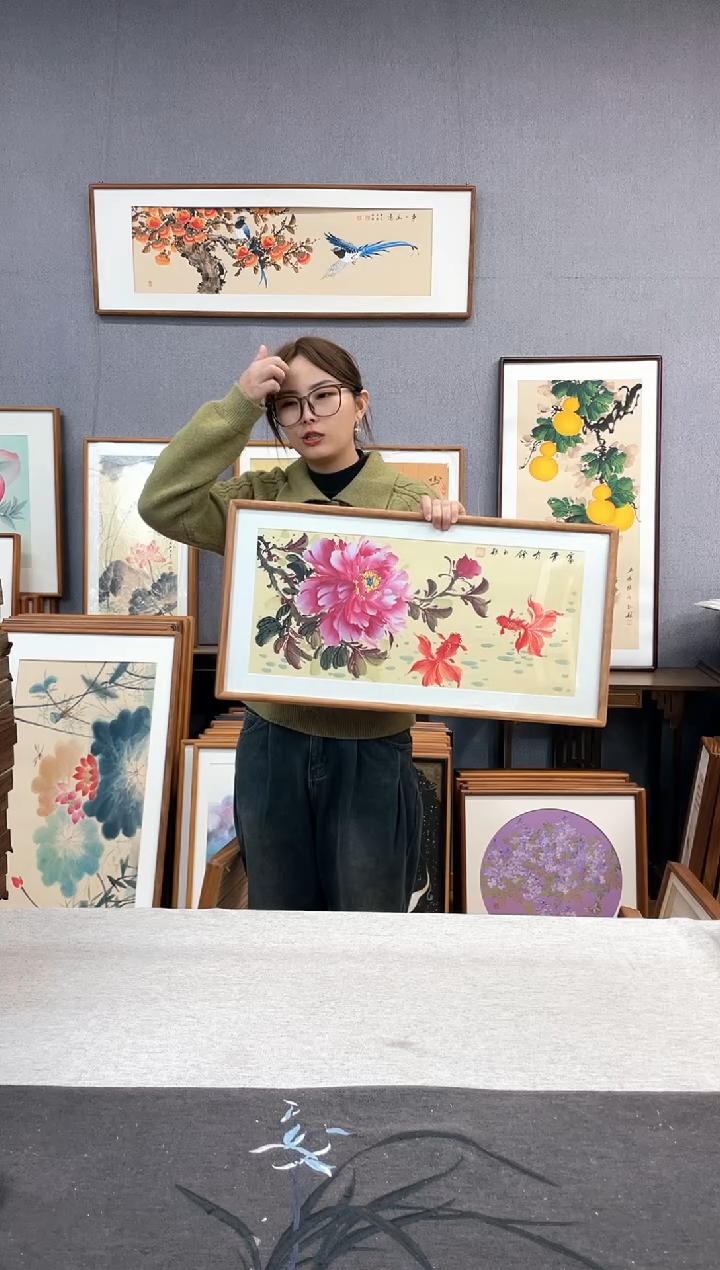 【闪购商品】国画孙颖-纯手绘带框作品-35*68-牡丹