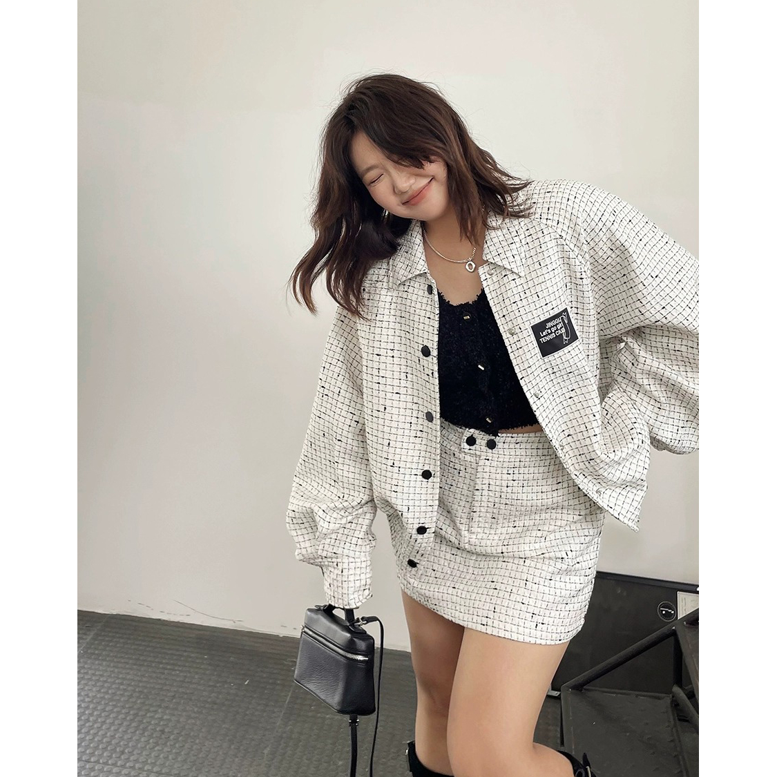 晶咕白标~香织四重奏~小香风外套+A字半身裙两件套粗花呢时尚套装