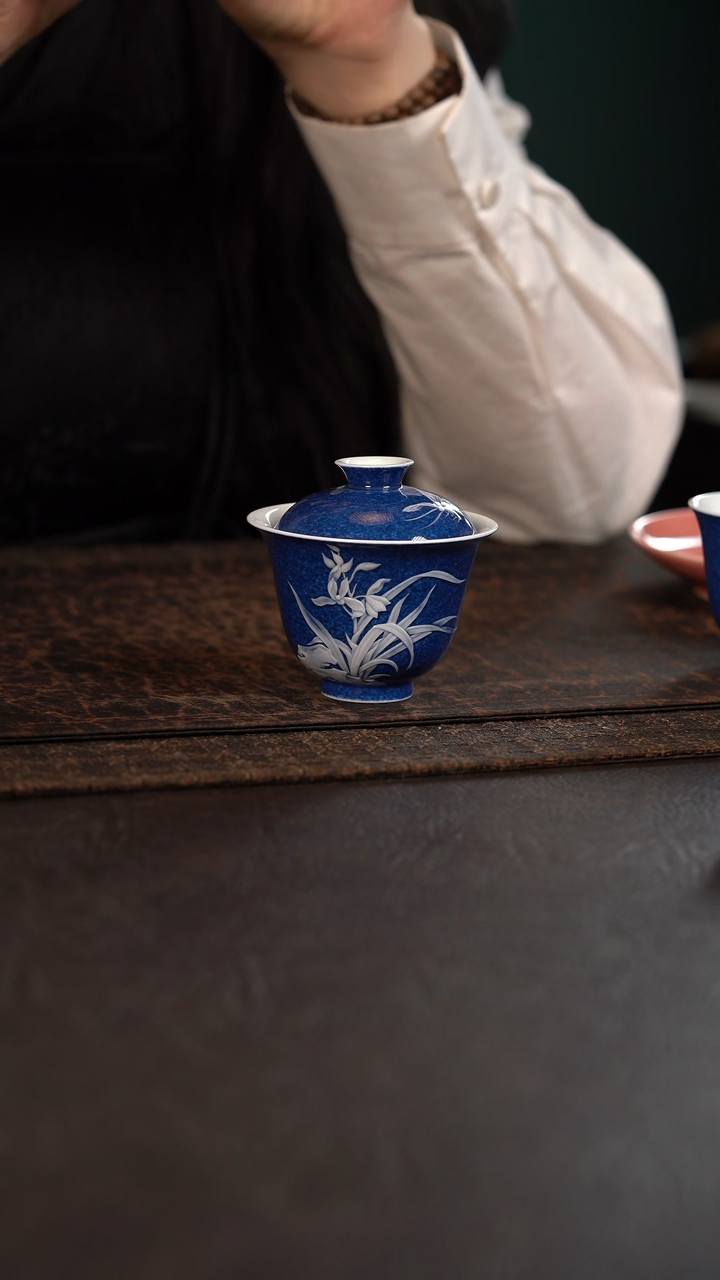 【闪购商品】杯初蓝舍洒蓝灵石兰花小盖碗