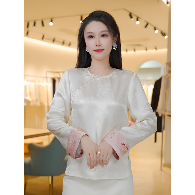 《ELFBOX》秋冬新款气质挽袖中国风上衣圆领百搭衬衫6976